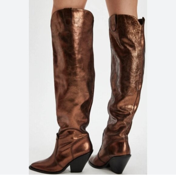 new Free People LEATHER Triple Crown Over the Knee Boot Bronze Metallic 253 - Picture 1 of 11